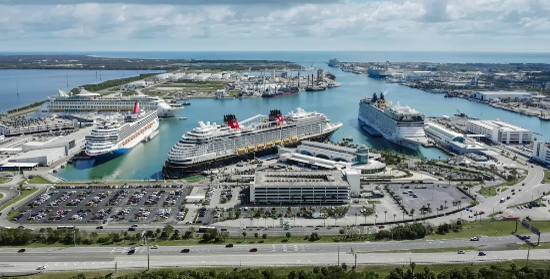A modern homeport with large-scale parking serving multiple cruise terminals